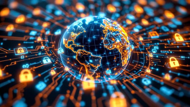 Global Security and Protection: A captivating visual representation of global security, symbolizing digital safety and the protection of information, enhanced with glowing circuit board textures.