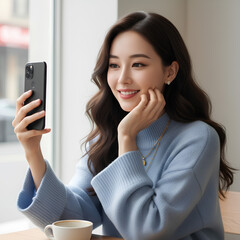 셀카(Selfie), 여성(Woman), 스마트폰(Smartphone), 미소(Smiling), 카페(Cafe), 라이프스타일(Lifestyle), 젊은(Young), 행복한(Happy), 소셜미디어(Social Media), 여가(Leisure)