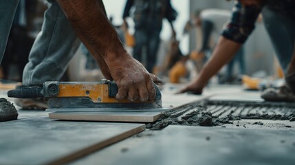 Laborers carefully install flooring tiles using hand tools and adhesives in a construction environment, showcasing teamwork and professional craftsmanship, depicting the process of building,...