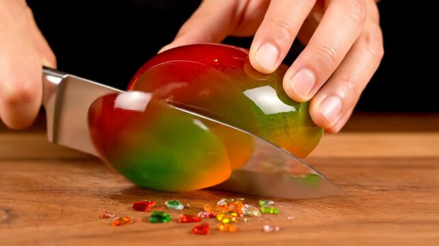 Hand cutting into a vibrant red, green, and orange mango-shaped jello dessert with a knife on a wooden cutting board, highlighting a sweet treat preparation