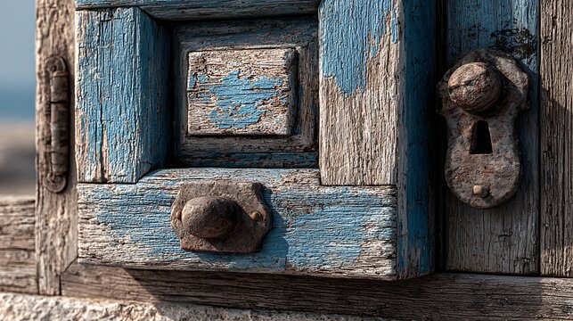Old Weathered Wooden Door with Rusty Metal Knob and Lock in Rustic Style