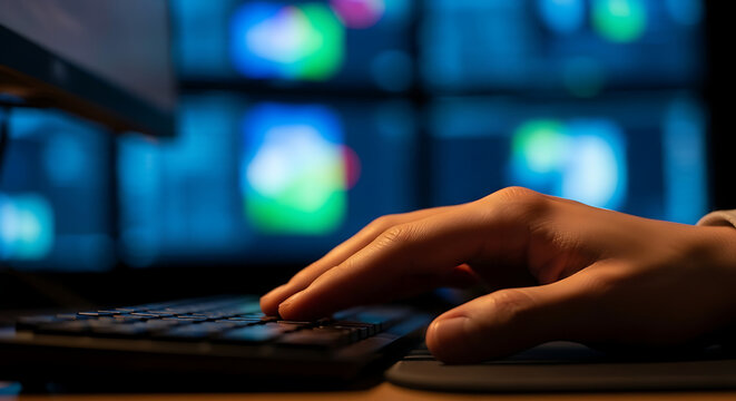 Focused on Tech: a hand interacting with a keyboard, a person navigates the world of technology, blending seamlessly with the glow of digital screens, a moment of interaction. - Powered by Adobe
