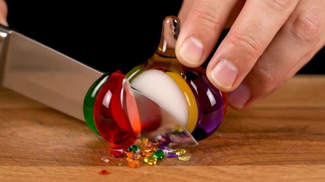 Hand holding a sharp metal knife, preparing to cut a unique, conceptual garlic bulb made of colorful glass on a textured wooden cutting board, presenting a playful culinary art theme