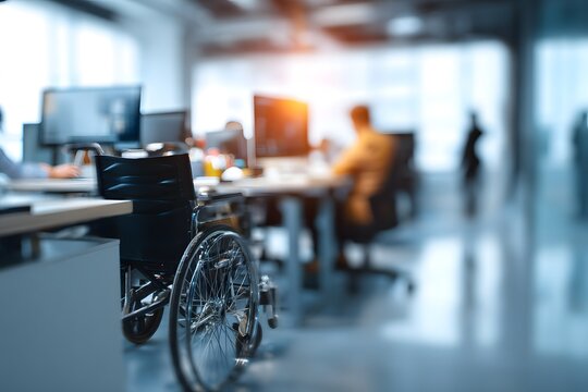 Modern inclusive office with wheelchair by desk, accessibility and diversity in workplace, professional business environment promoting equality