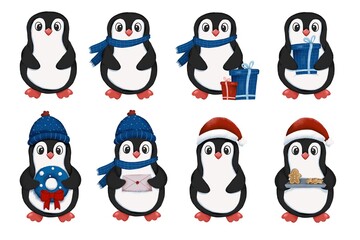 Naklejka premium Christmas Penguin Set. Collection of cute penguins in winter clothes with gifts, candy canes, and Christmas decorations. 