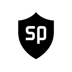 Black shield with white letters sp inside on transparent background silhouette