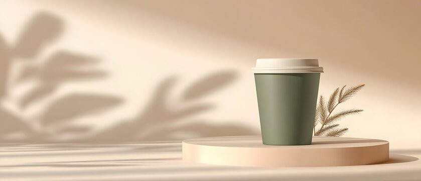 Minimalist Coffee cup mockup on podium with leaf shadows and beige background - Powered by Adobe
