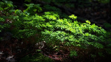 Fototapeta premium Lush green foliage illuminated by sunlight within a shadowy forest environment, showcasing vibrant plant life, emphasizing the contrast of light and dark, creating a tranquil and natural scene.