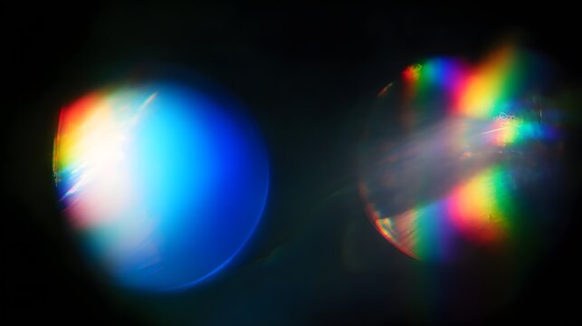 Abstract glowing light spectrum with colorful rainbow reflections on dark background, futuristic lens flare and digital energy concept illumination