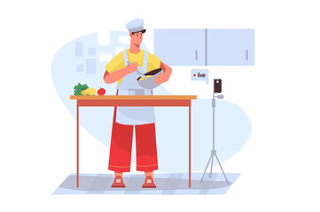 Male Chef Cooking Online Holding Metal Bowl Wearing White Apron in Red Pants with Cellphone on Tripod Broadcast in White Background