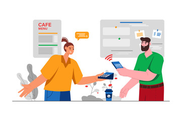 Man and Woman Paying at Cafe Using Mobile Payment System with Transparent Background for Modern Lifestyle Illustration