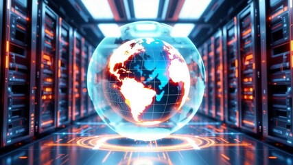 Global Digital Network: A glowing digital globe floats within a server room, with data servers neatly aligned on both sides, symbolizing the interconnectedness of worldwide information. - Powered by Adobe