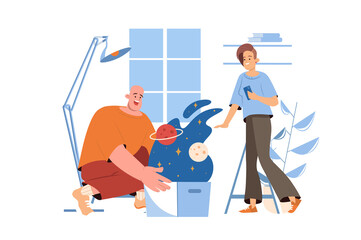 Man Cradling Fantasy Potted Plant Near Another Using Smartphone Isolated on White