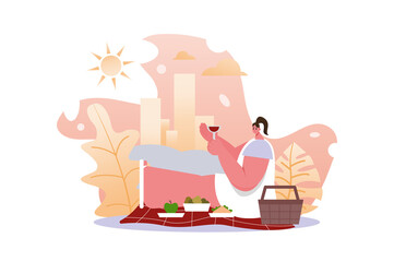 Man Enjoys Red Wine at Summer Picnic on Blanket with Cityscape Background in Vector Illustration Style