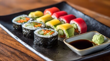 Delicious and colorful sushi rolls arranged on a black rectangular plate, showcasing fresh ingredients like cucumber, carrots, and various toppings; served alongside soy sauce and wasabi in a small...