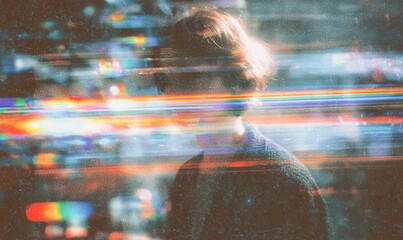 A person's form is obscured by vibrant, glitchy lines, creating an artistic digital overlay effect