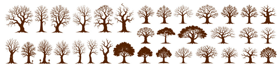 Set of different types old tree stump with roots silhouette vector, svg file on transparent background.