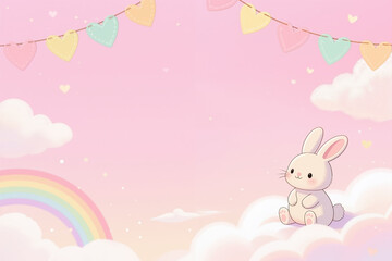 A white cartoon bunny sits on fluffy clouds with a pink sky, rainbow, and heart garland in the background, creating a whimsical and dreamy scene.