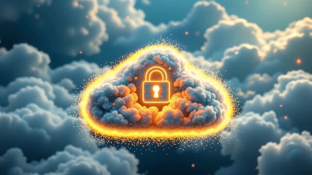 Secure Cloud: A vibrant depiction of a secure cloud, symbolized by a glowing lock, floating amidst fluffy, digitally-rendered clouds, symbolizing data protection.