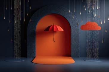 Red Umbrella In Archway With Rain Drops