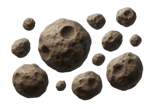 Collection of textured rocky asteroids in various sizes and shapes, png on transparent background