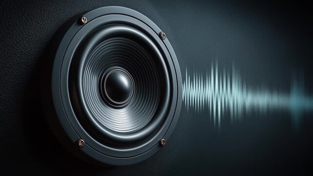 Close-up audio speaker with soundwave line, dark studio music technology background. AI generated
 