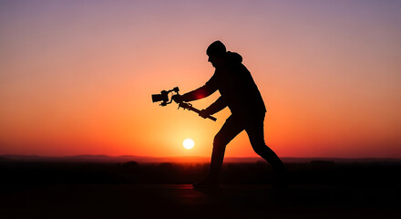 Capturing the Sunset Silhouette of a Videographer at Dusk with Stabilizer, Filming the Golden Hour