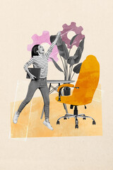 Composite zine pop trend collage of happy businesswoman businessman stand office gearwheel table...