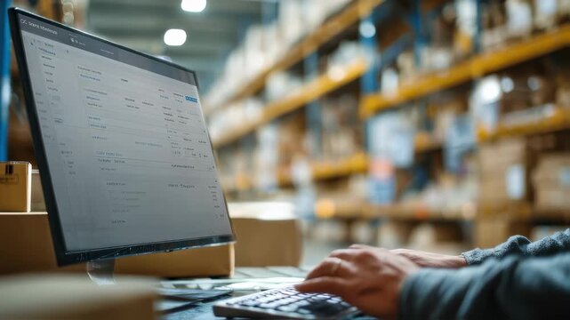 Focused view of a user entering product details into cloudbased inventory software computer screen sharply clear with indistinct inventory boxes visible behind in soft focus.