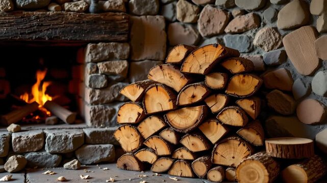 Cozy Fireplace: A close-up showcases a crackling fire nestled within a rustic stone fireplace, with a neatly stacked pile of logs ready for warmth, evoking feelings of comfort and relaxation.