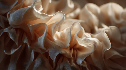 Elegant fabric ruffles with soft, warm lighting creating graceful folds and rich textures