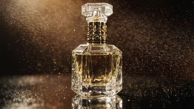 Elegant Perfume Bottle Spraying Fine Mist on Dark Reflective Surface.