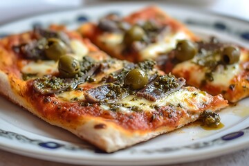 A tangy plate of Sicilian-style pizza, topped with anchovies, capers, olives, and mozzarella 
