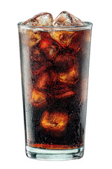 Refreshing Brown Carbonated Drink with Ice Cubes in Tall Glass