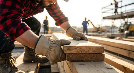 Dedicated construction worker meticulously handling timber planks on an active outdoor building site