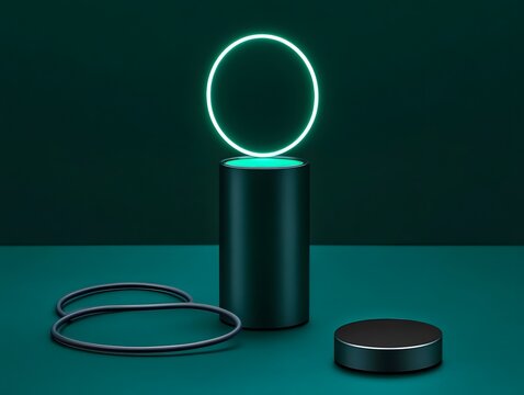 Modern green podium display with neon circle and ring decoration concept - Powered by Adobe