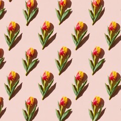 Repeating Pattern Of Colorful Tulip Flowers With Green Stems And Leaves On Pink Background