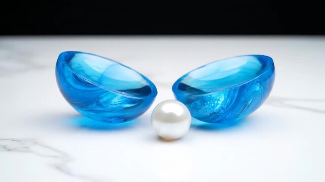 Blue translucent egg with swirling patterns balancing on a white marble surface, demonstrating a risky predicament under a poised sharp knife, highlighting fragility and pressure