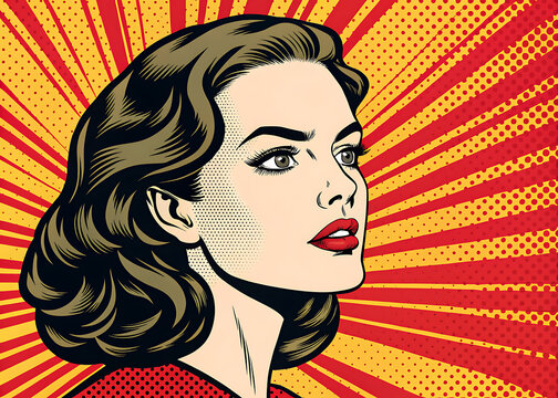 Retro style fashion illustration vector of a glamour brunette lady's face with big eyes and bright lips