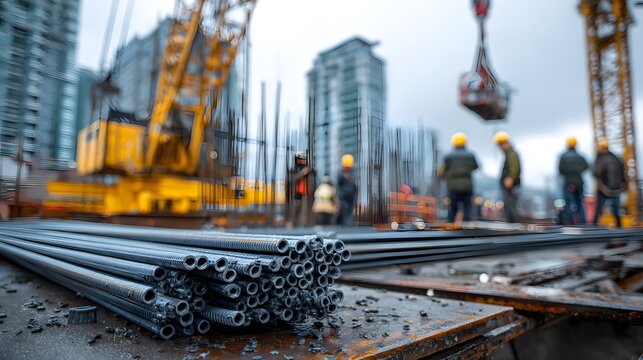 Construction site scene with blurred foreground of metal rods in focus against a backdrop of workers, crane, and buildings; a cloudy sky and overall muted color palette creates a sense of urban...