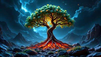 The Tree of Life: An artistic digital painting depicts the tree of life in a vivid display of nature and spiritual symbolism. Roots of the tree glowing with warmth.