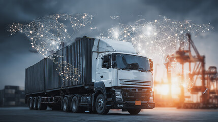 Double exposure of Twilight view of Container truck in ship port for business Logistics and transportation of Container Cargo ship and Cargo plane with working crane bridge with Earth and world map