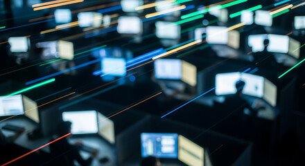 Abstract visualization of a bustling data center with glowing computer screens and blurred motion trails creating a sense of technological progress and rapid information flow