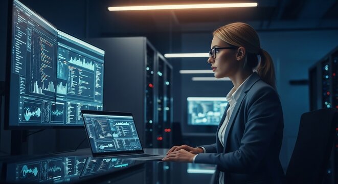 Brilliant data scientist analyzes complex financial data on multiple monitors in a secure server room, showcasing professional expertise and modern technology - Powered by Adobe