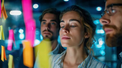 Diverse creative team brainstorming ideas with sticky notes on a glass wall in modern office - Powered by Adobe