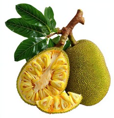 Ripe Jackfruit With Green Leaves On White Background