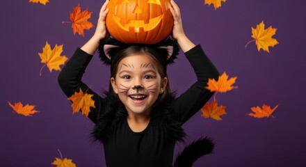 Happy asian girl in cat costume holding pumpkin above head, purple background, autumn leaves falling. Happy Halloween	