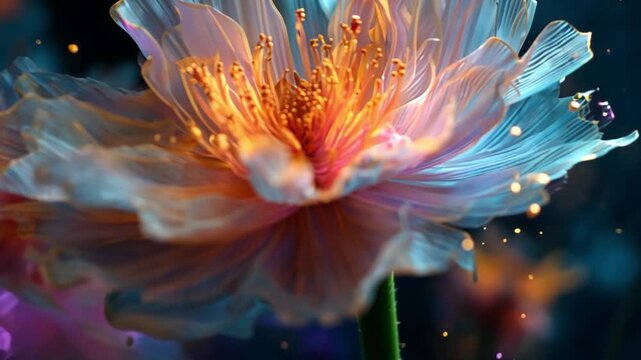 Gravity Bloom, surreal glowing flowers bending spacetime, petals floating weightless above cosmic landscapes.