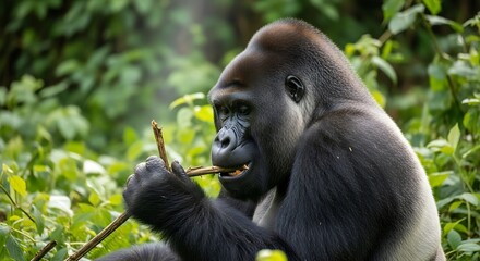 Fototapeta premium Majestic Silverback Gorilla Foraging in Lush Green Forest.