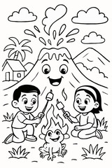 Fototapeta premium Happy children toasting marshmallows by a friendly campfire frog with an erupting volcano backdrop, a fun coloring page.